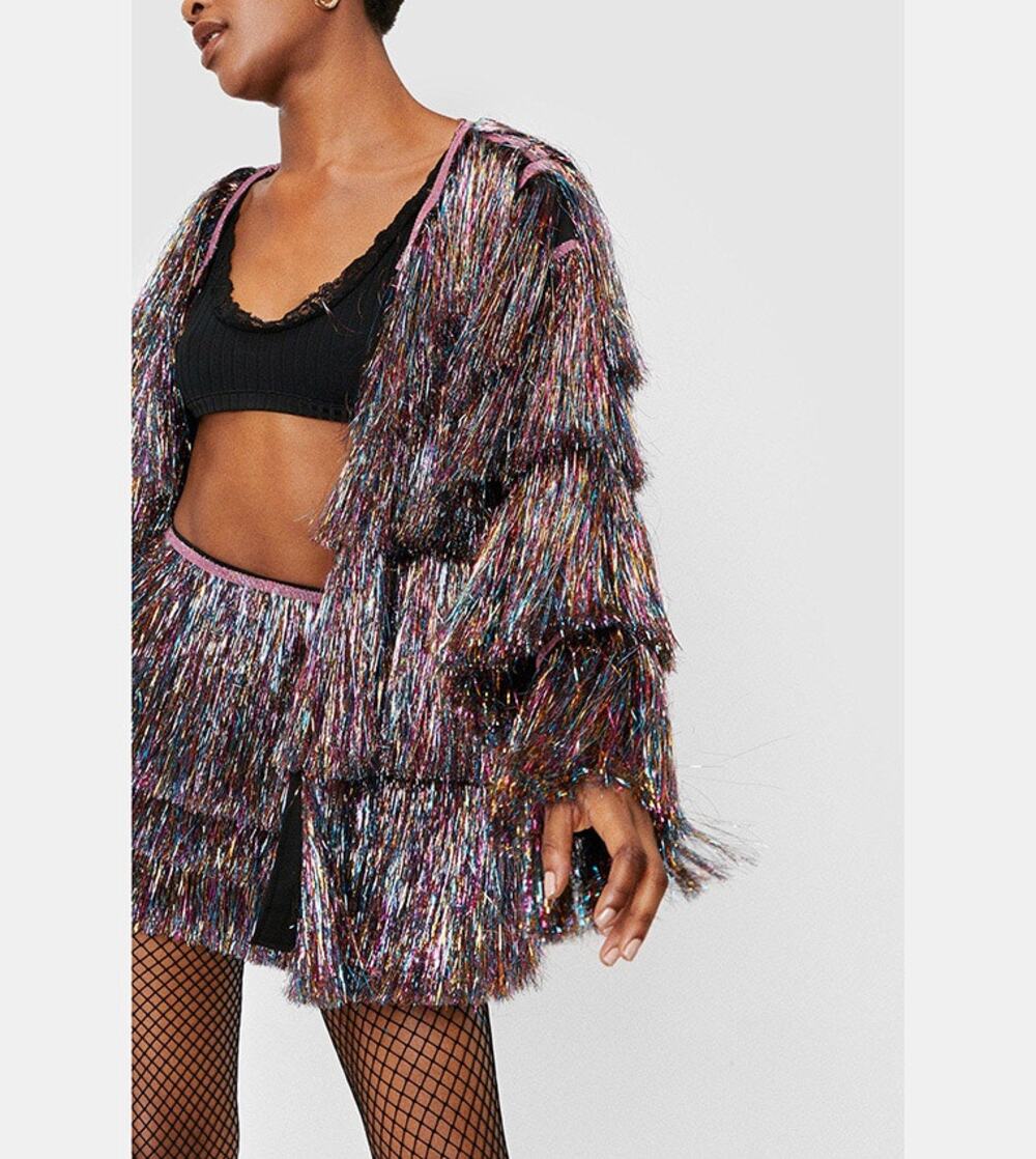 Nasty Gal Collection Party Crasher Multi Tinsel Fringe Jacket US 4